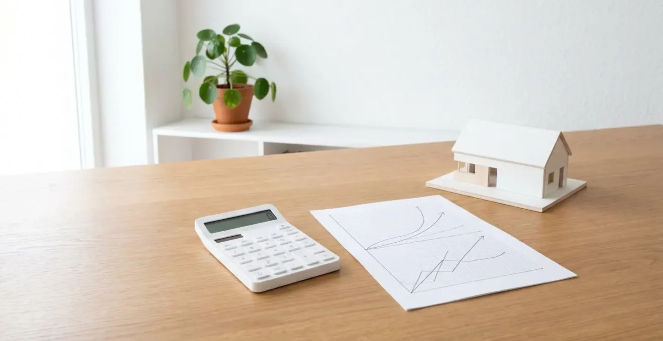 Bureau minimaliste avec calculatrice et graphiques financiers montrant l'amortissement dans le temps