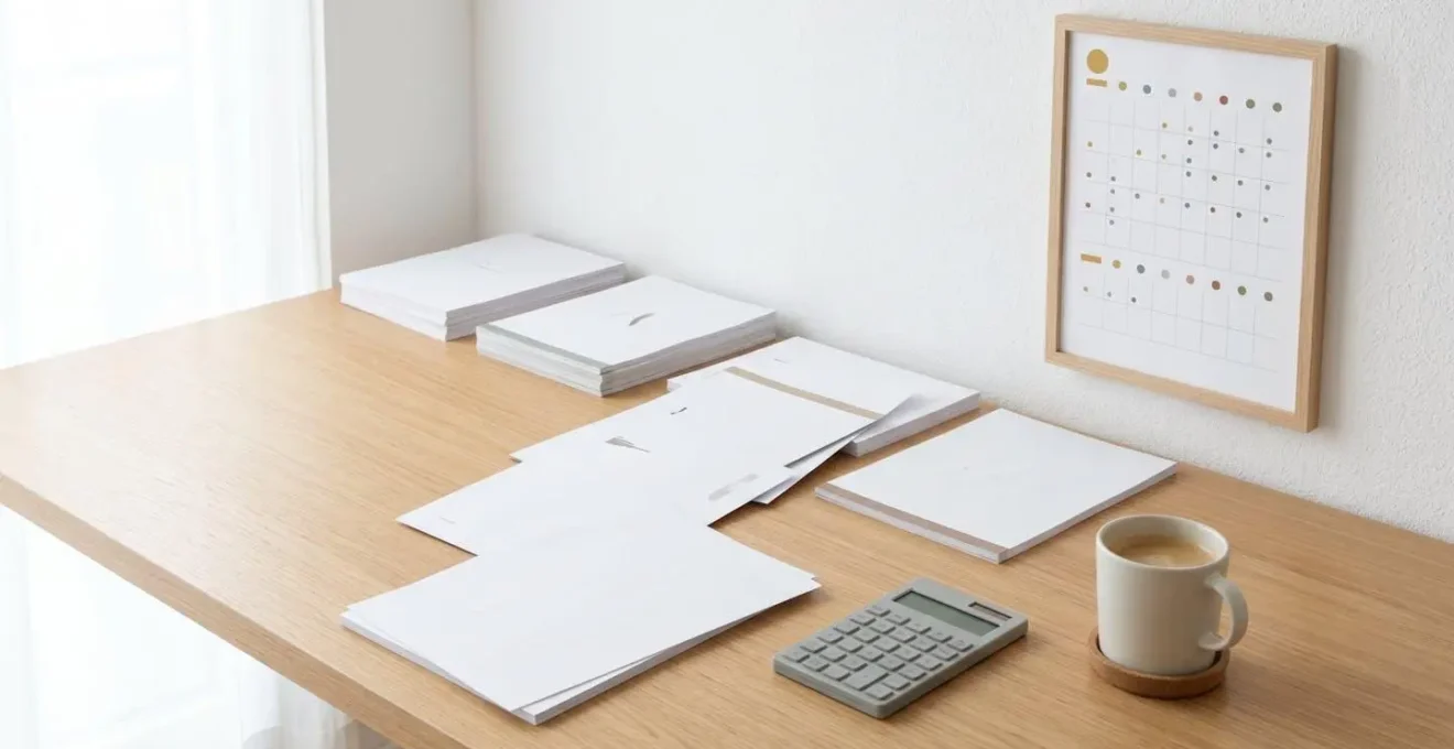 Bureau avec calendrier et documents de prêt organisés par étapes