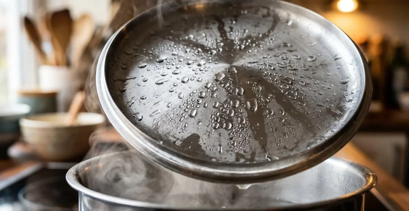 Casserole en inox avec couvercle sur plaque de cuisson, vapeur condensée visible