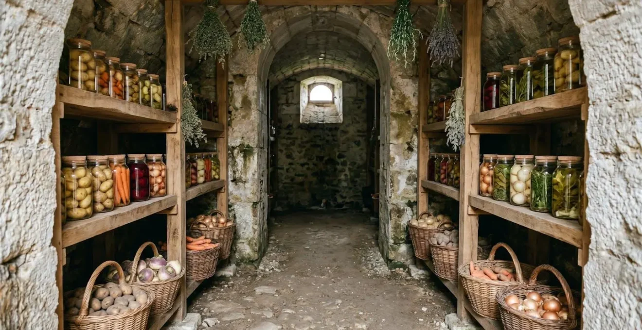 Vue intérieure d'une cave naturelle voûtée avec étagères de conservation traditionnelles