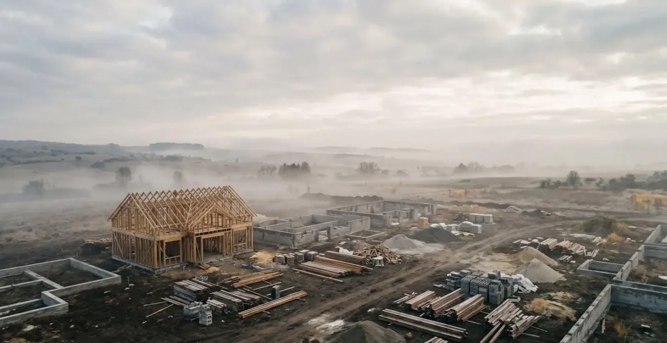 Vue aérienne d'un chantier de maison à l'arrêt avec matériaux éparpillés