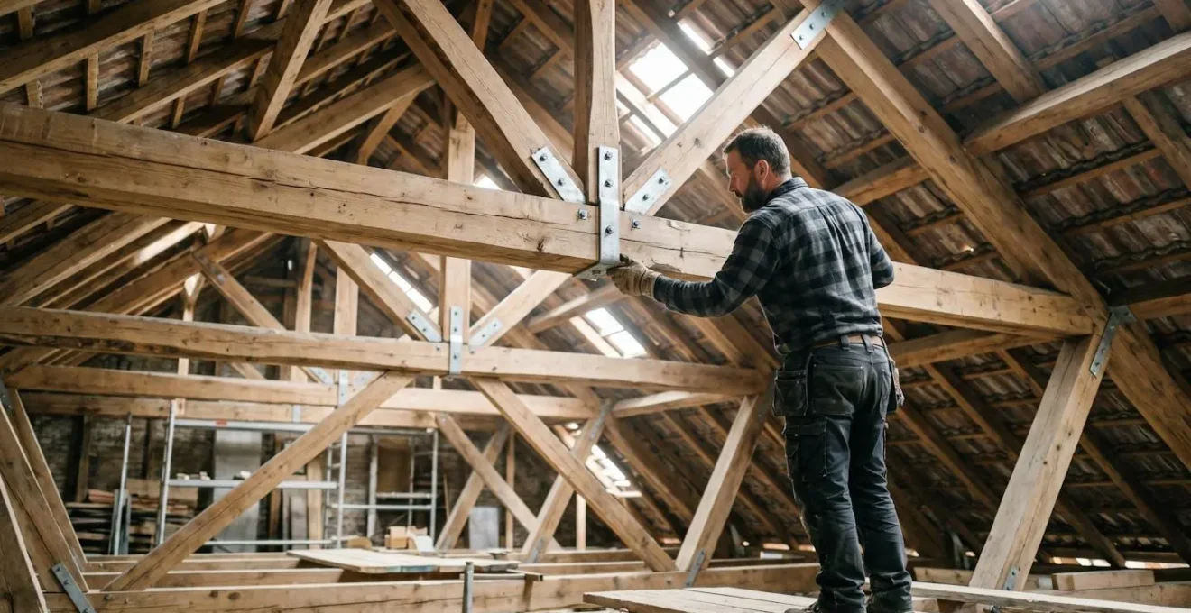 Vue de dessous d'une charpente traditionnelle en bois avec renforts pour installation solaire