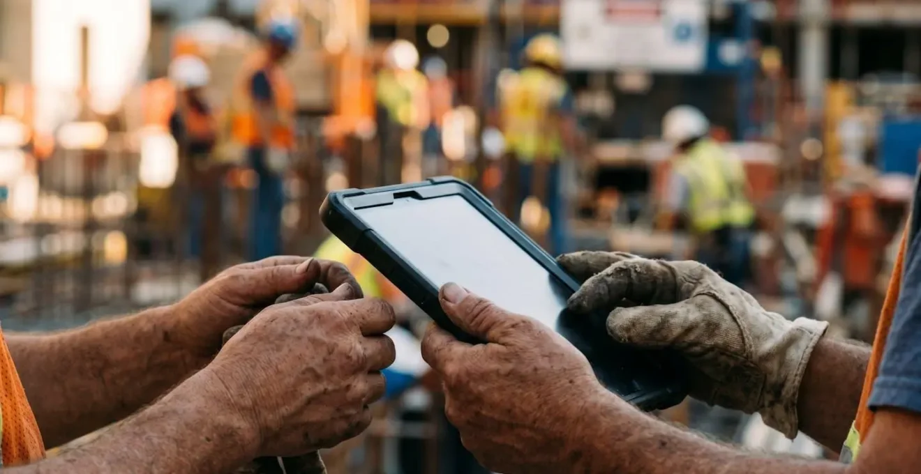 Mains tenant une tablette numérique sur un chantier avec plans flous en arrière-plan