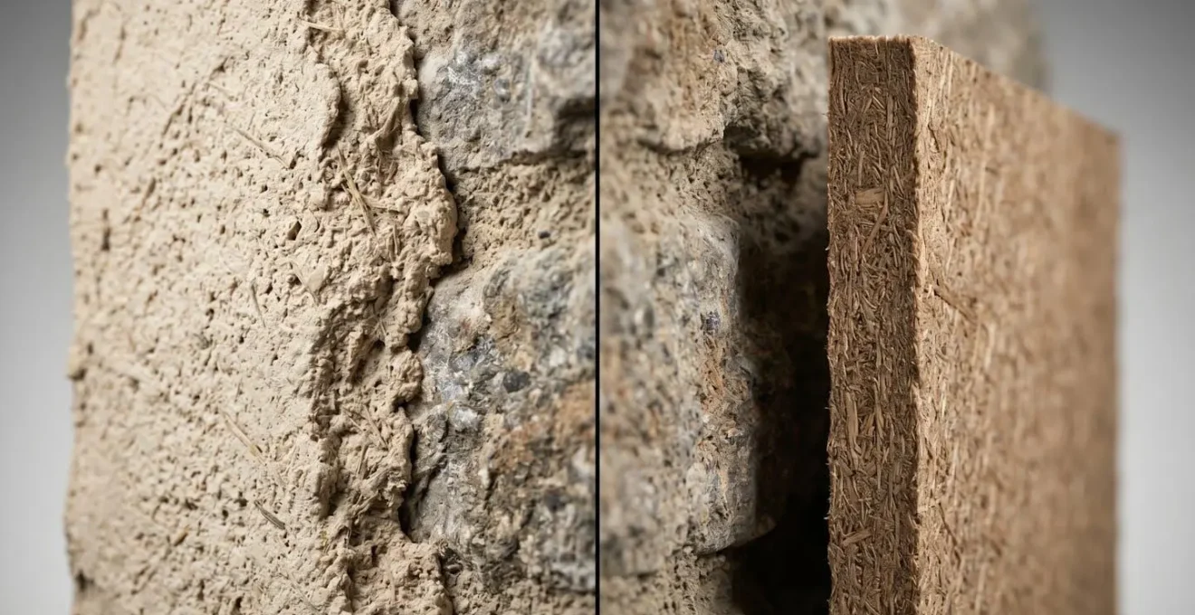 Coupe technique montrant deux solutions d'isolation sur mur en pierre : enduit chaux-chanvre et doublage fibre de bois