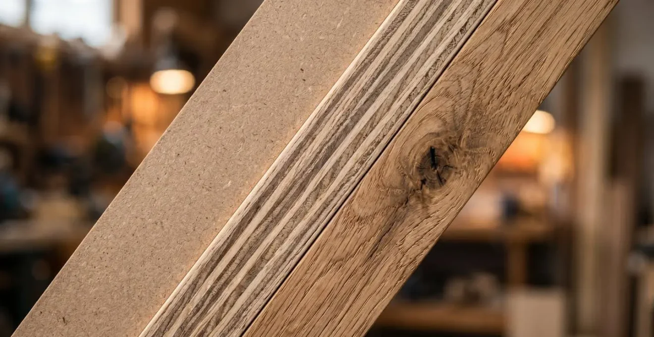 Détail macro de trois échantillons de matériaux pour bibliothèque montrant les textures du MDF, contreplaqué et bois massif