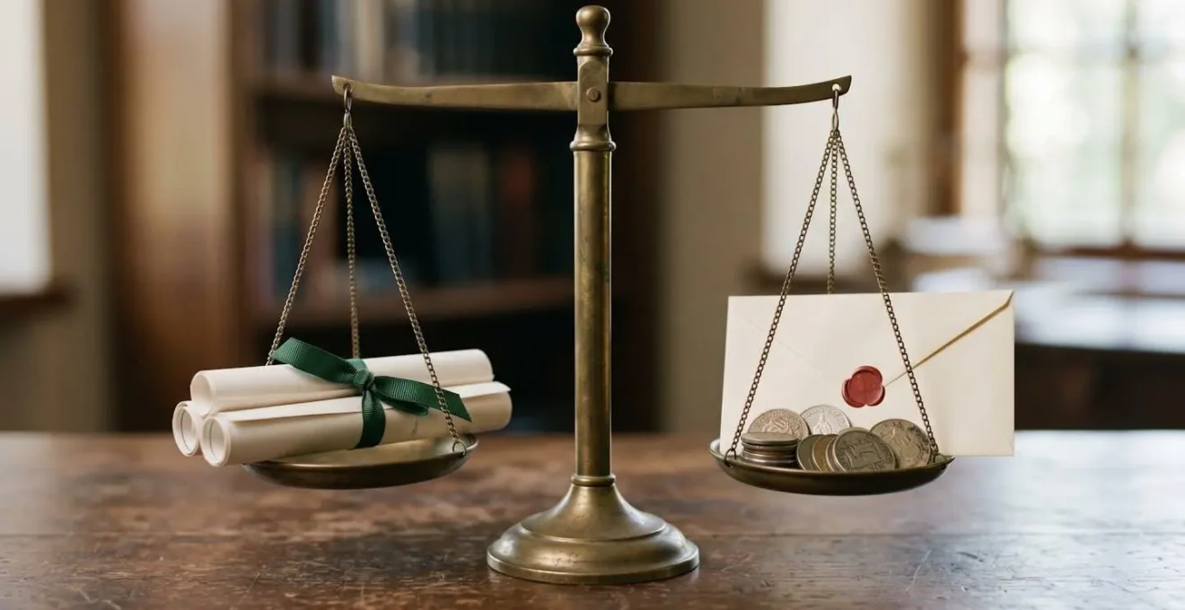 Visualisation symbolique de la consignation des 5% avec une balance et des documents juridiques