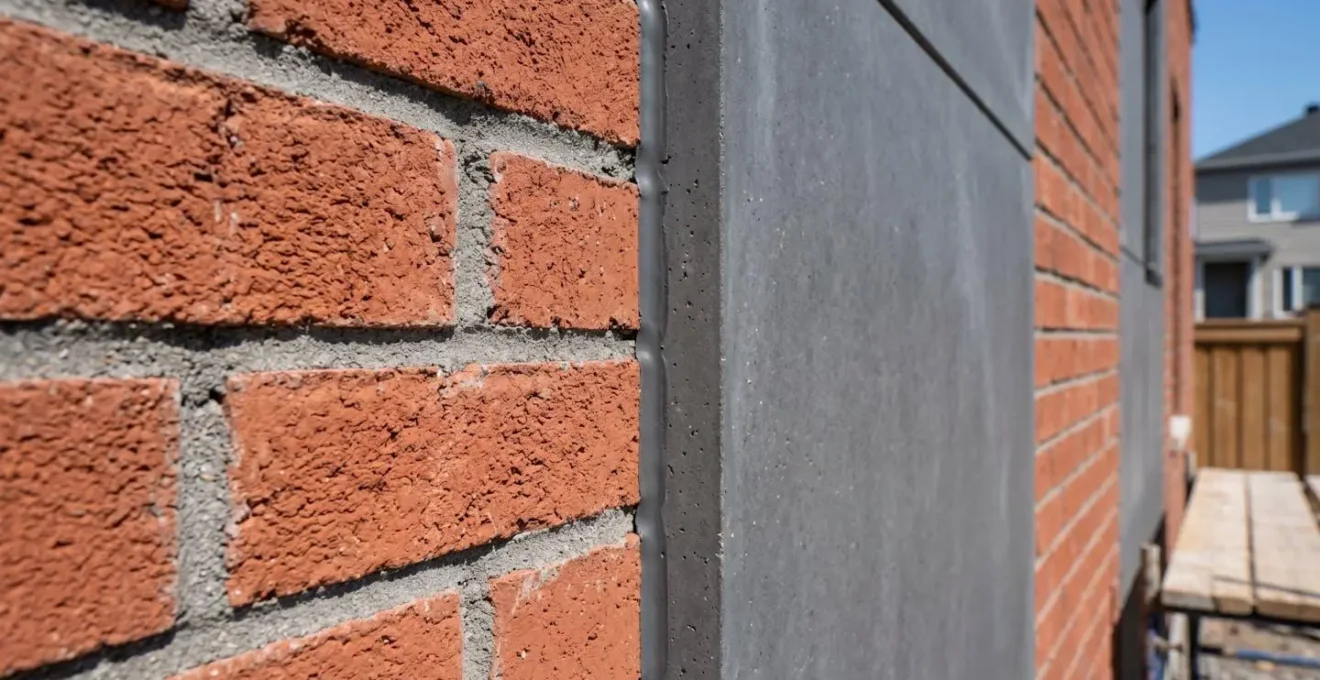 Gros plan macro montrant la jonction entre un mur de brique rouge traditionnelle et un parement en crépi lisse contemporain, textures contrastées en lumière naturelle