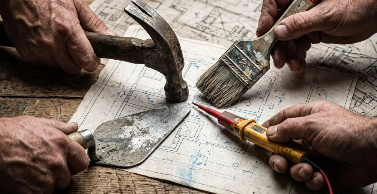 Vue macro détaillée de mains d'artisans avec outils différents sur plan de coordination