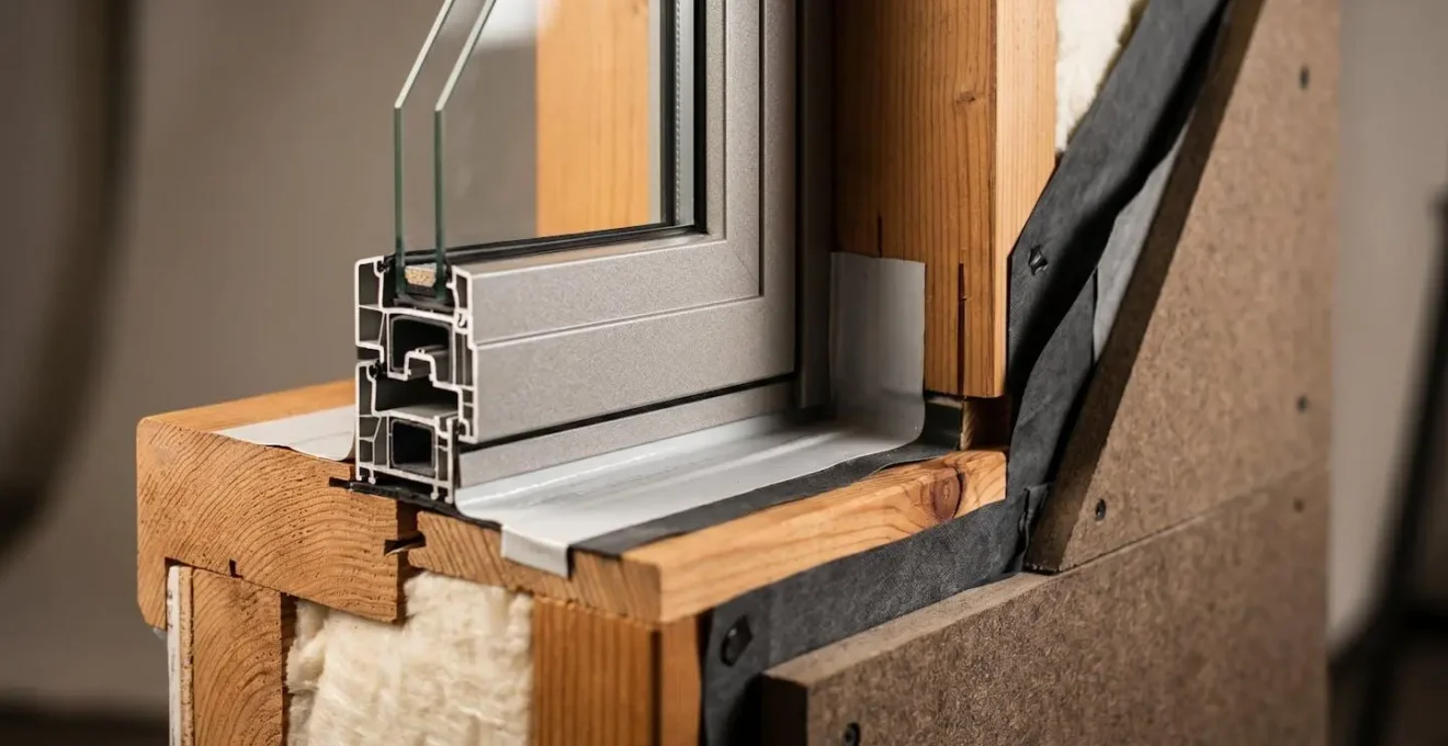 Vue en coupe détaillée d'une pose de fenêtre dans un mur ossature bois avec tous les éléments techniques