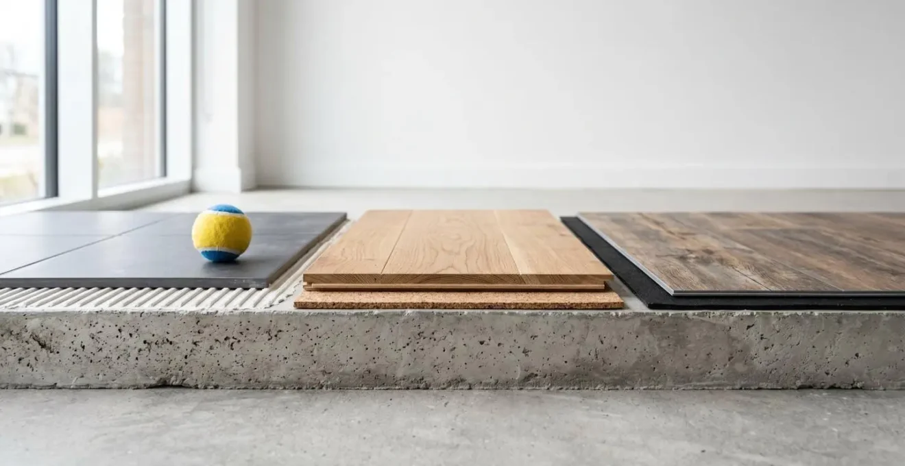 Vue en coupe montrant les différentes couches d'un parquet avec sous-couche liège, illustrant le système-sol complet.