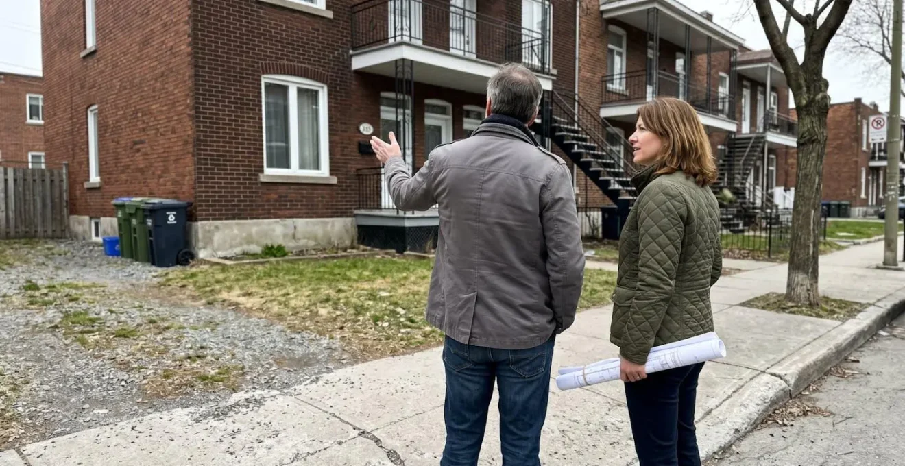 Couple dans la quarantaine debout devant une maison en brique rouge typique de Montréal, discutant d'un projet d'agrandissement en pointant vers le côté de la résidence
