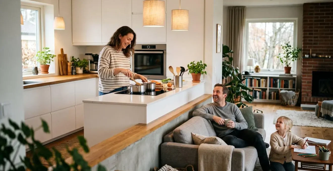 Cuisine moderne sur estrade de 15cm donnant sur un salon, créant une séparation visuelle subtile