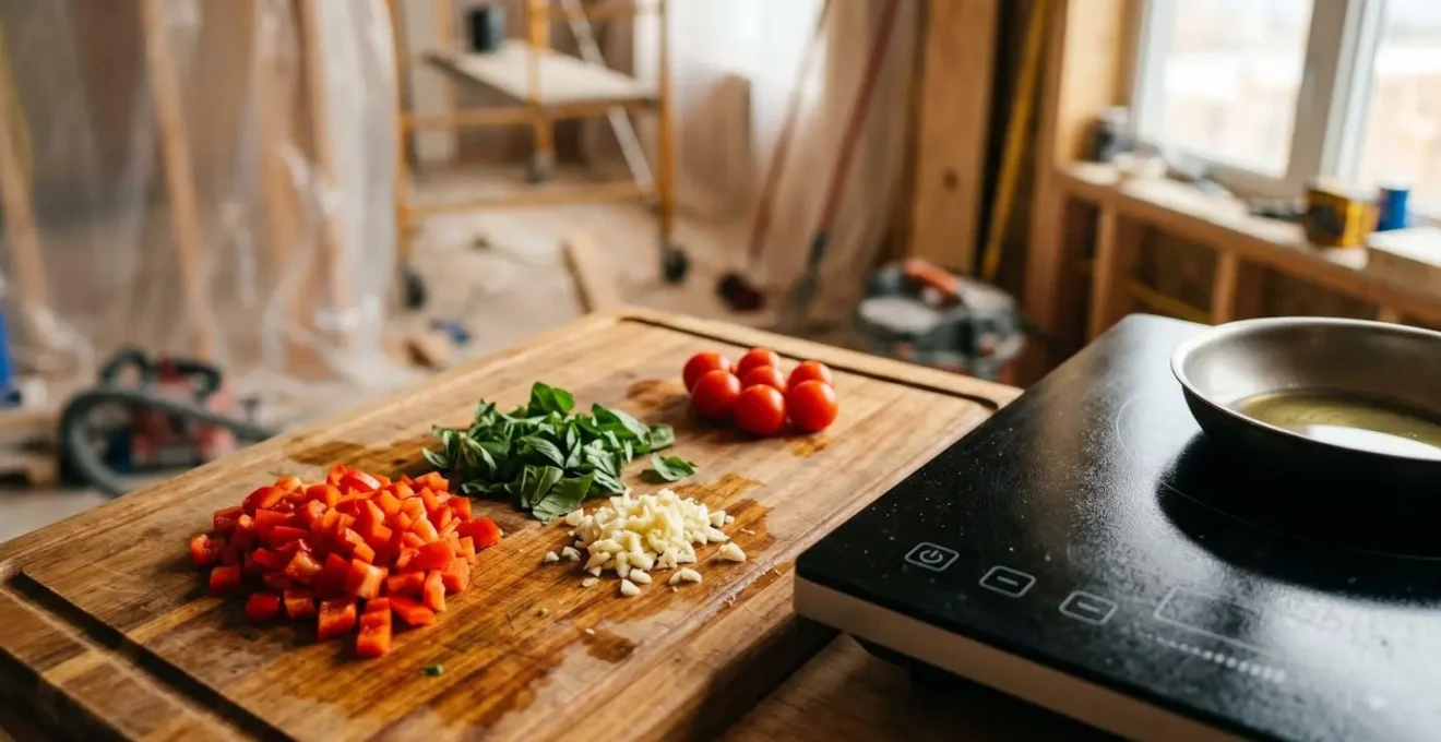 Installation de cuisine temporaire organisée dans un coin protégé du chantier