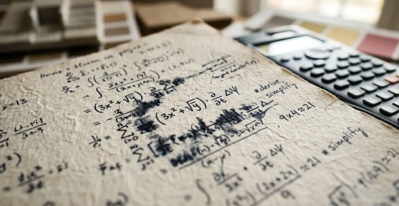 Gros plan sur une notice descriptive avec calculs et annotations manuscrites