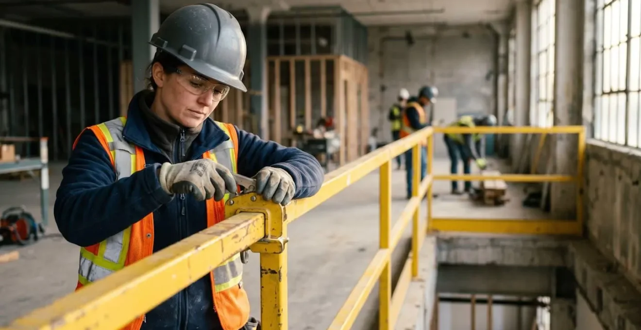 Installation de garde-corps provisoires métalliques sur un chantier de rénovation avec artisan les positionnant correctement