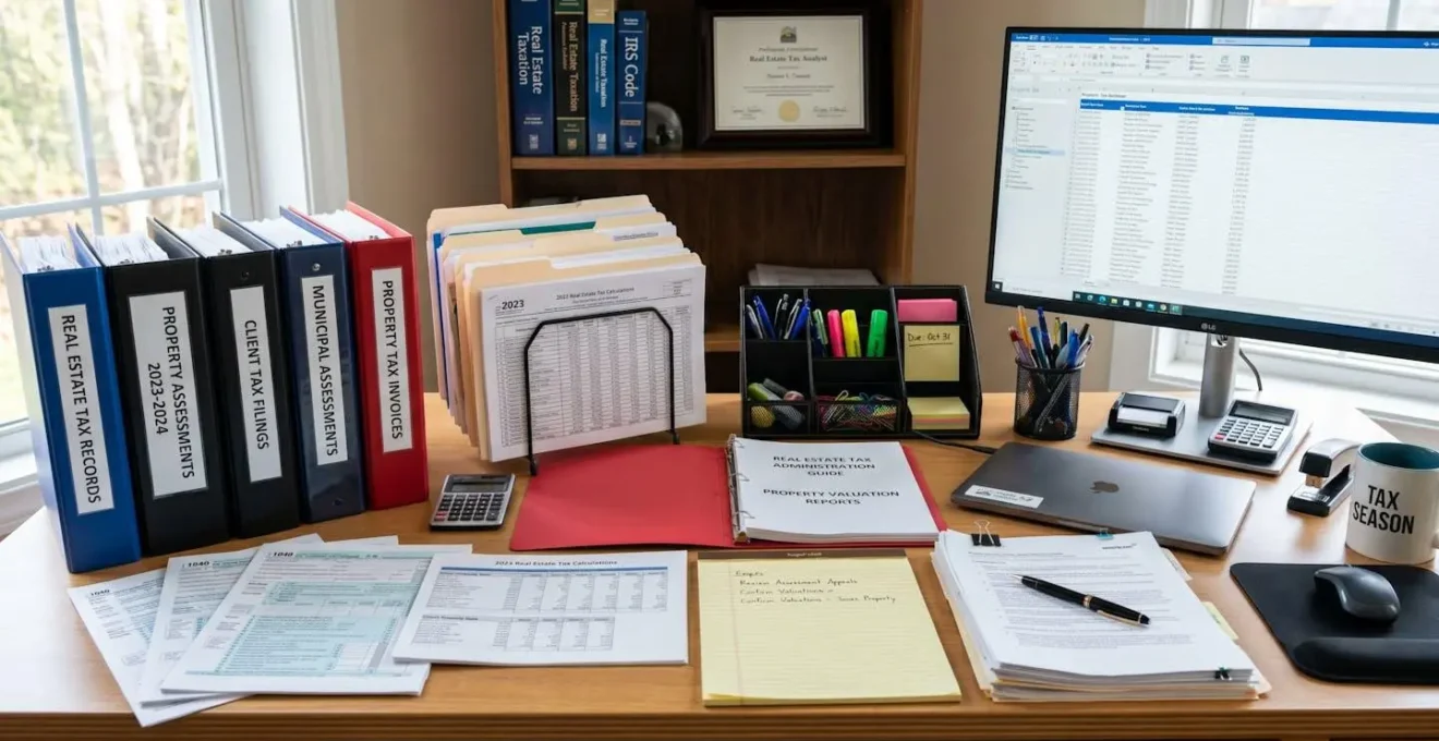 Bureau organisé avec documents administratifs et classeurs pour la fiscalité immobilière