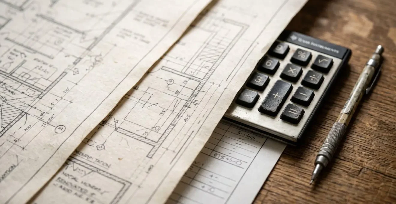 Vue macro de documents de rénovation avec devis et plans architecturaux sur une table de travail