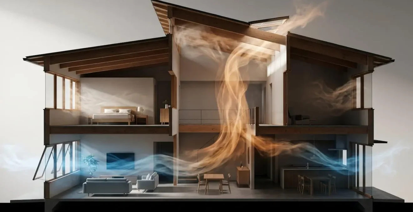 Coupe architecturale montrant la circulation d'air naturelle dans une maison à deux étages
