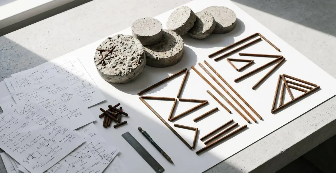 Vue minimaliste d'un bureau avec plans de ferraillage et échantillons de béton disposés de manière artistique