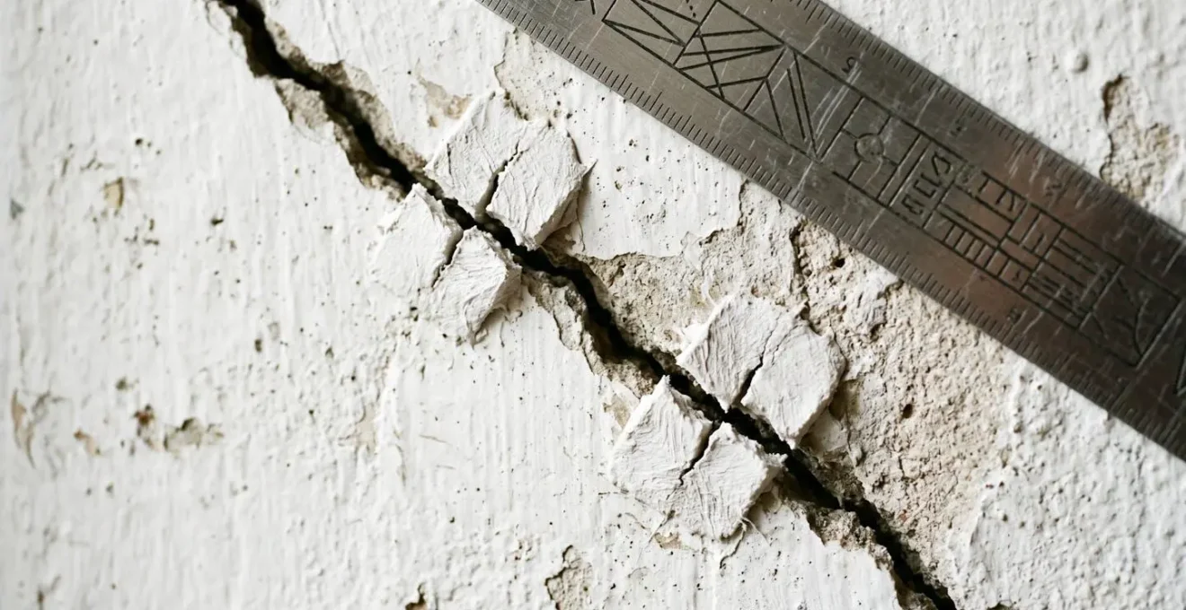 Gros plan sur une fissure murale avec témoin en plâtre et règle de mesure pour suivre son évolution