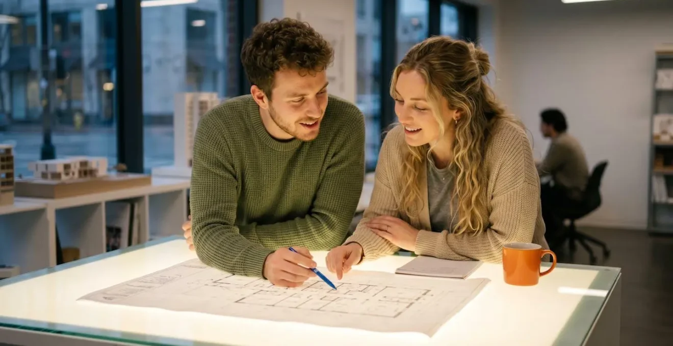 Jeune couple consultant des plans immobiliers sur une table lumineuse