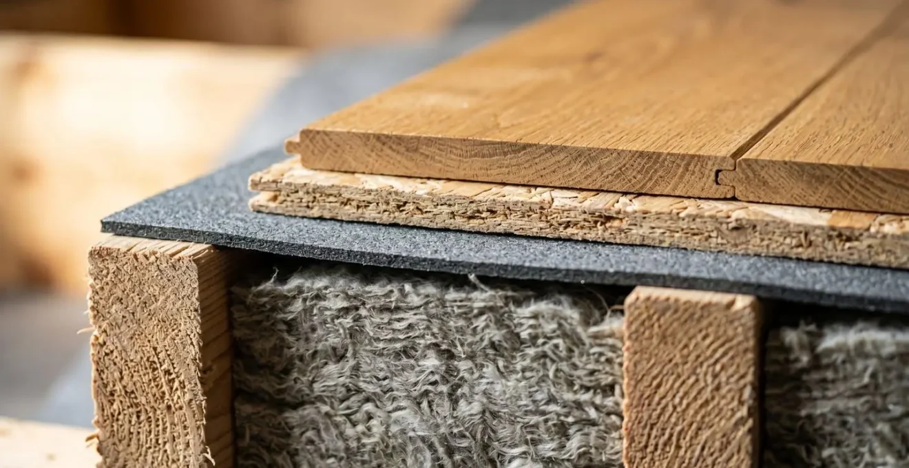 Coupe transversale détaillée d'un plancher bois avec système d'isolation acoustique masse-ressort-masse