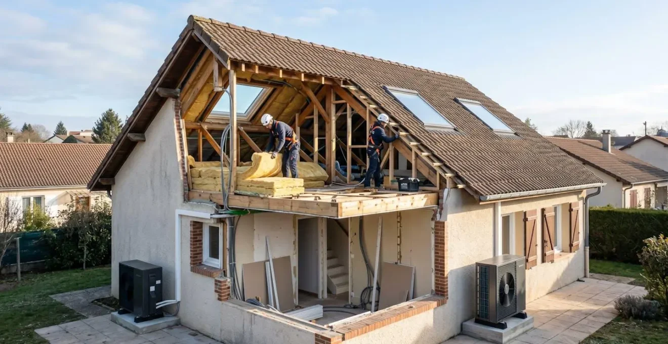 Vue en coupe d'une maison montrant l'isolation des combles et l'installation d'une pompe à chaleur