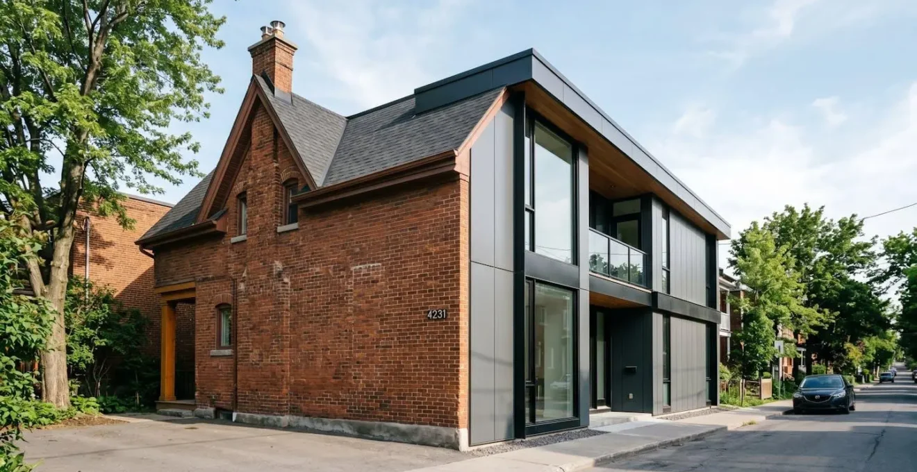 Vue extérieure grand angle montrant la jonction entre une maison en brique et son extension moderne, avec alignement visible des lignes de toiture et continuité architecturale