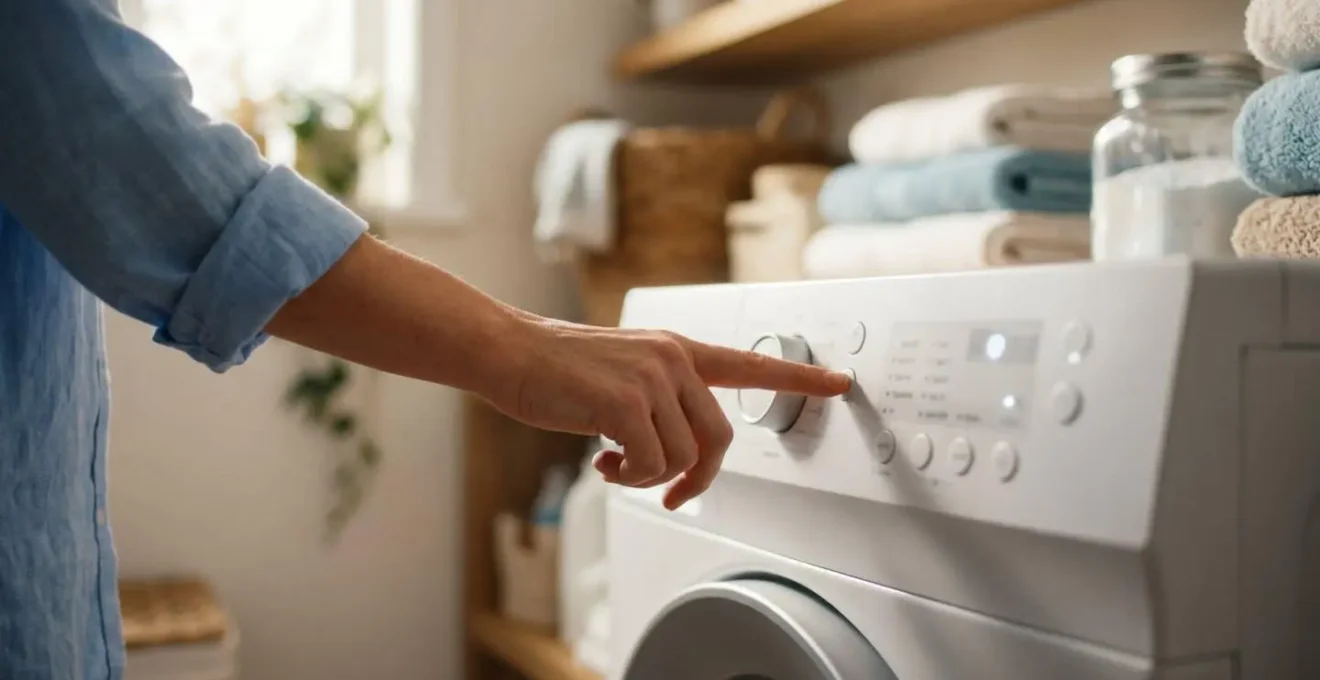 Main sélectionnant le programme 30°C sur une machine à laver moderne