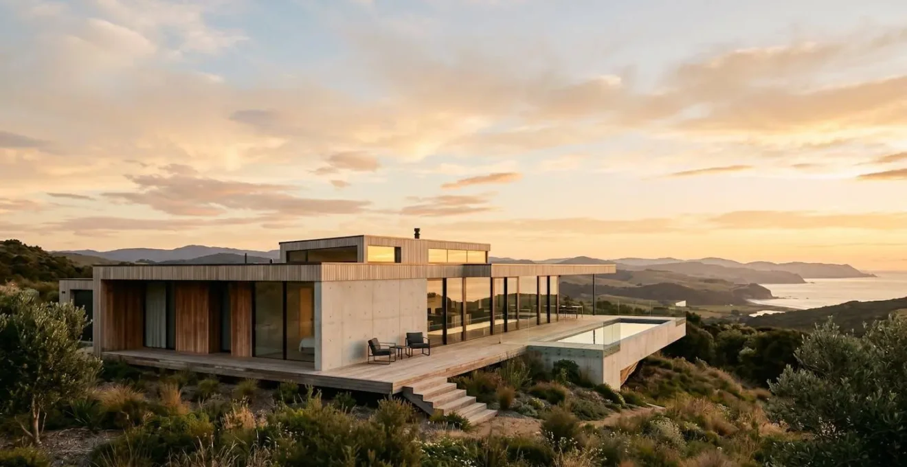 Vue extérieure d'une maison d'architecte contemporaine avec lignes épurées et grandes baies vitrées