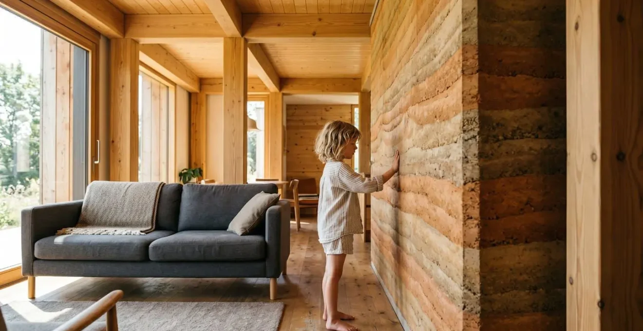 Intérieur moderne d'une maison ossature bois avec mur en terre crue apparente créant de l'inertie thermique