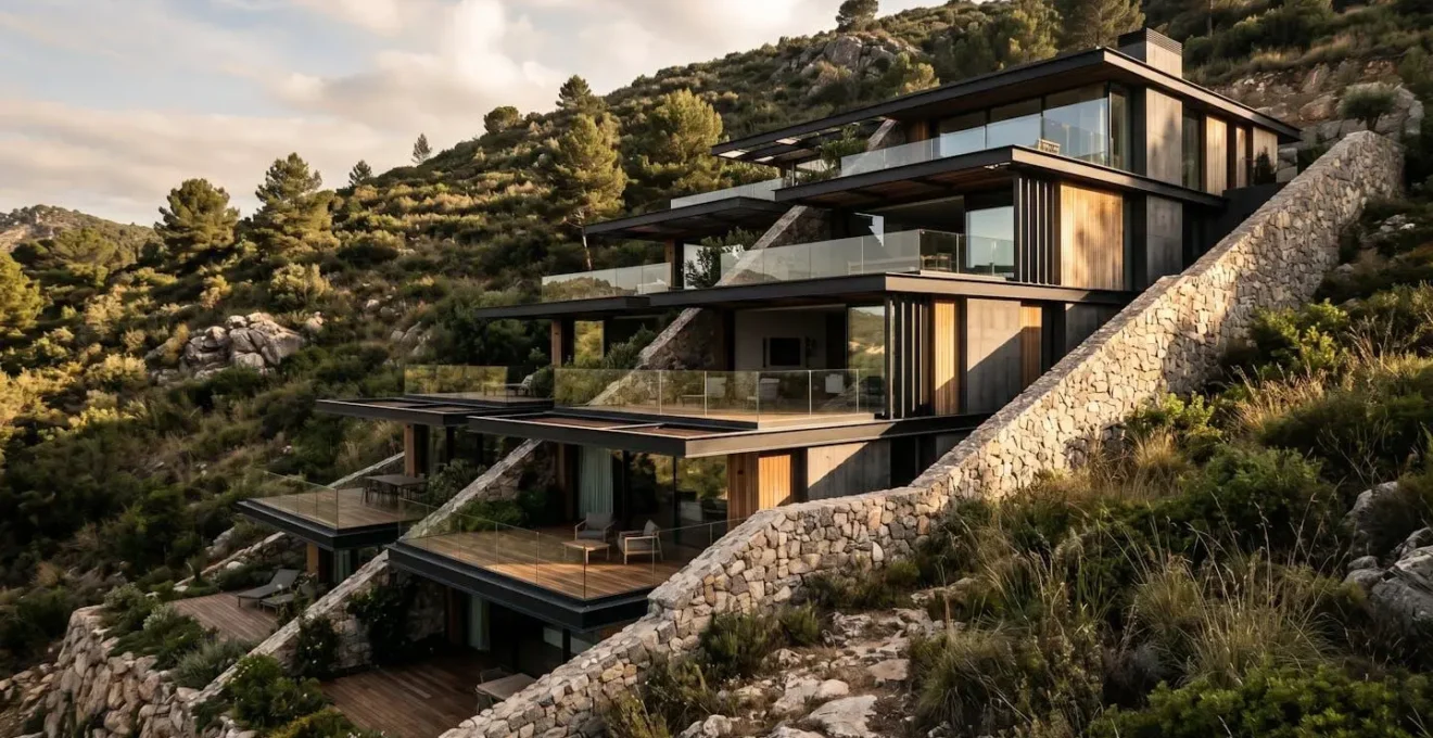 Maison moderne construite en gradins sur terrain pentu avec terrasses étagées