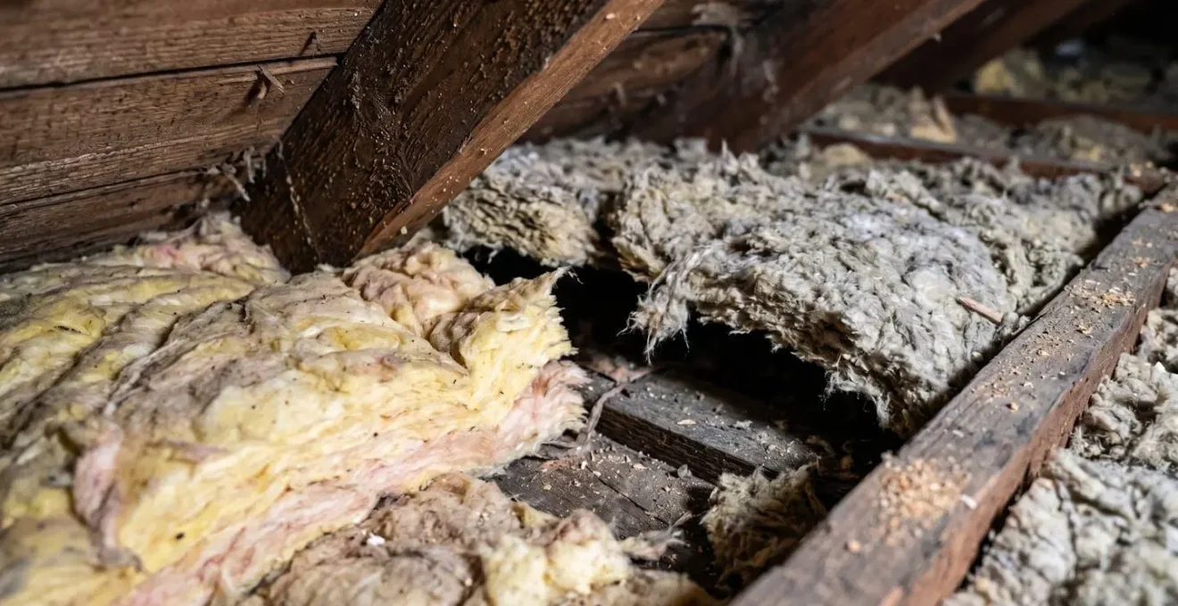 Vue macro détaillée montrant des défauts d'isolation dans des combles avec ponts thermiques visibles