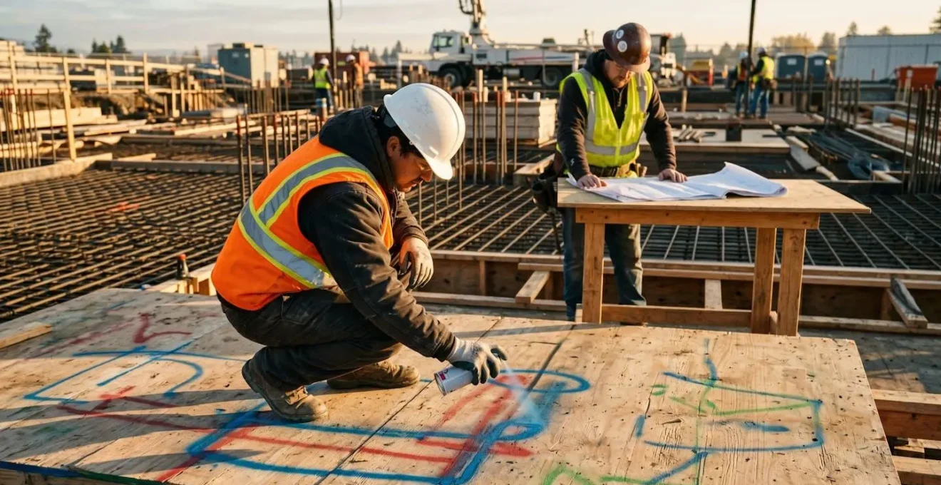 Marquage au sol multicolore des réservations avant coulage de dalle avec codes couleurs par corps de métier