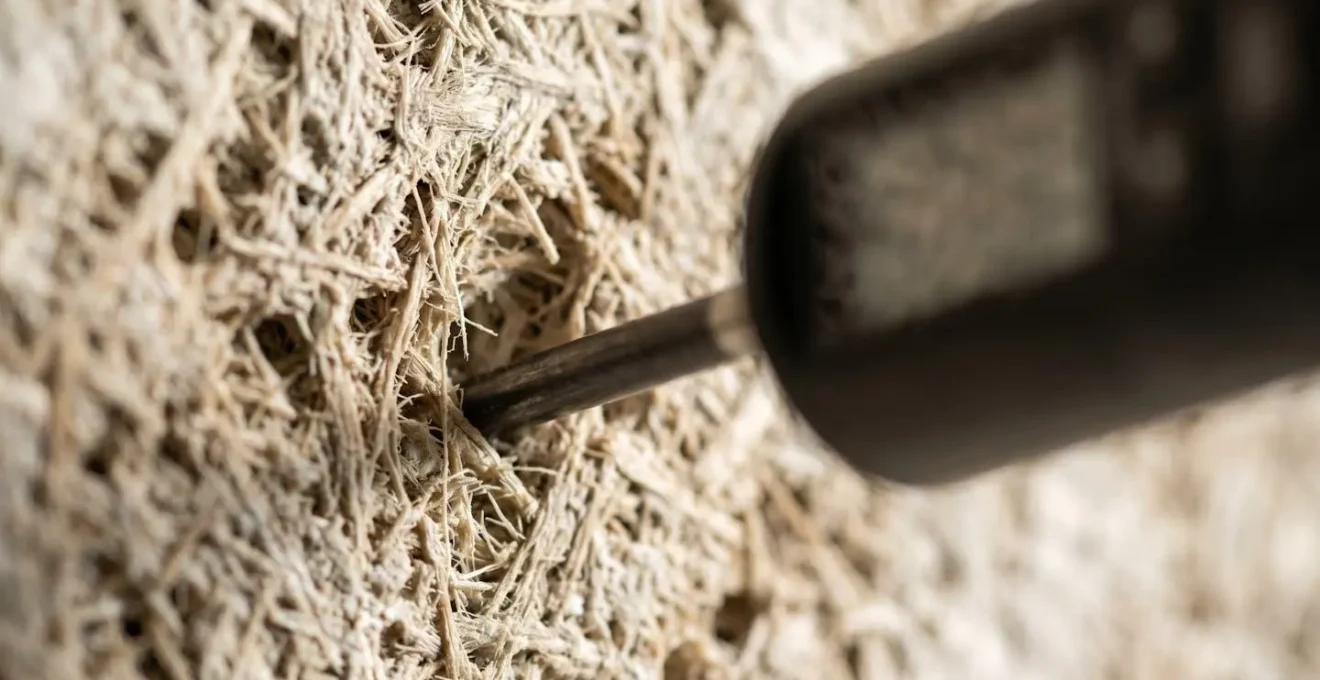 Mesure de l'humidité résiduelle dans un mur en béton de chanvre avec un humidimètre