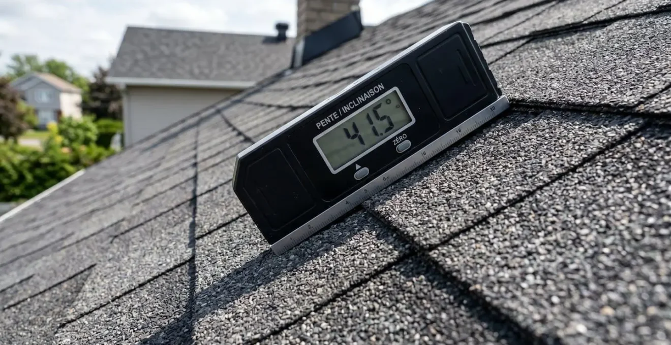 Gros plan détail montrant un rapporteur d'angle numérique posé sur un bardeau de toiture pour mesurer la pente avec précision