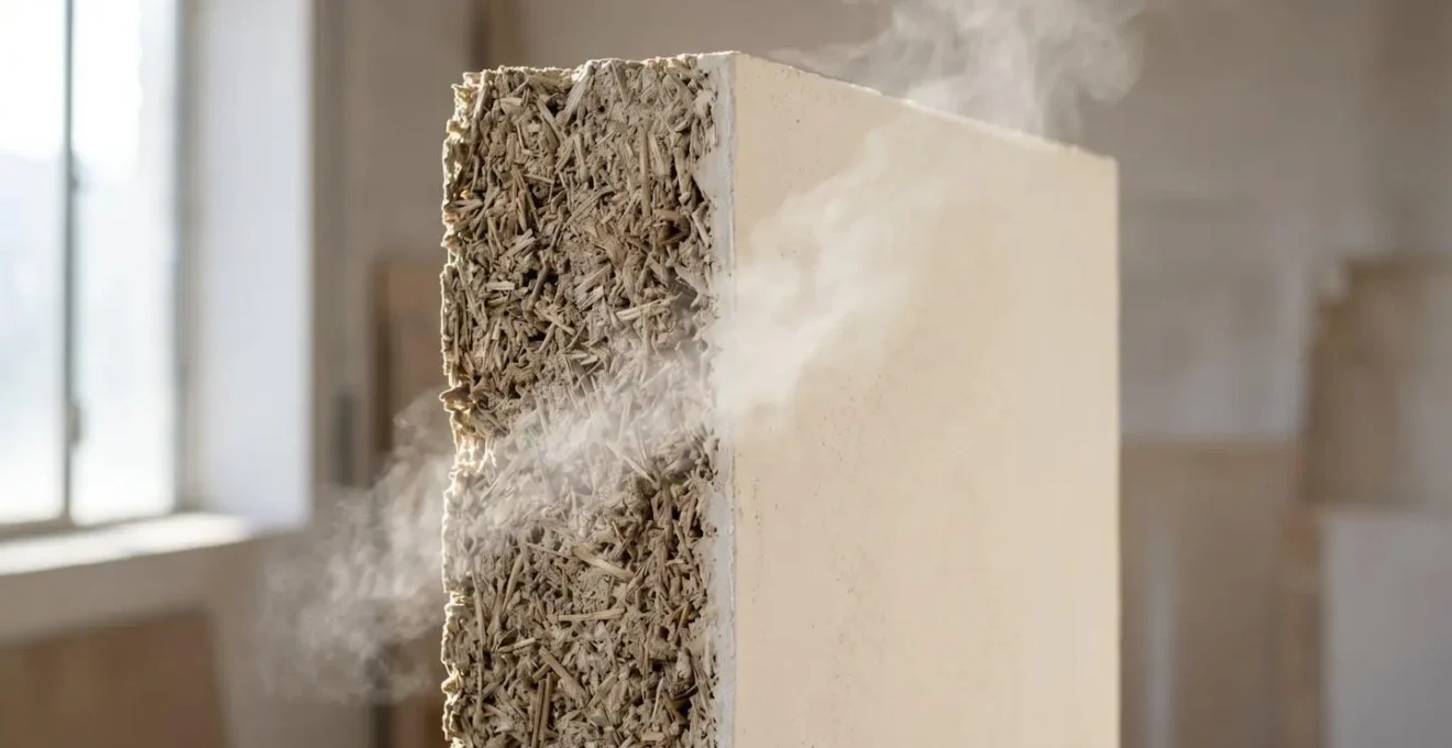 Coupe d'un mur en béton de chanvre avec enduit à la chaux