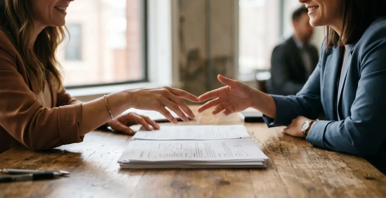 Deux personnes examinant ensemble des documents flous sur une table en bois naturel