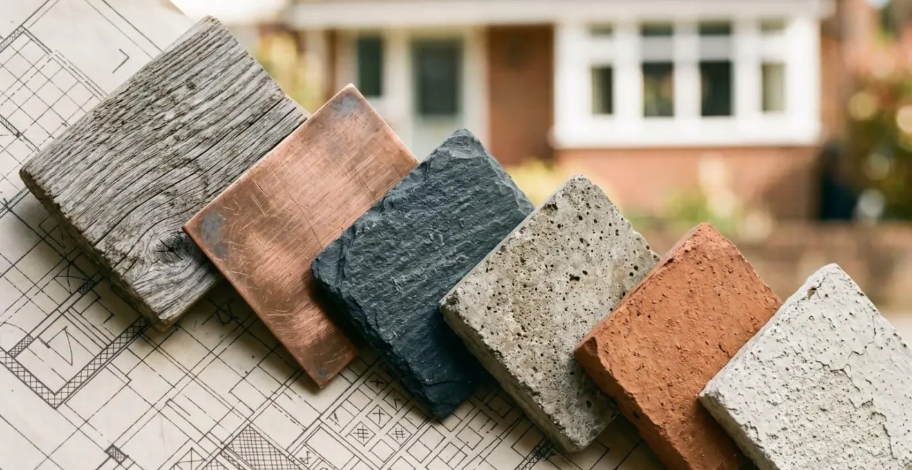 Échantillons de matériaux et palette de couleurs disposés sur un plan d'architecte avec une maison en arrière-plan
