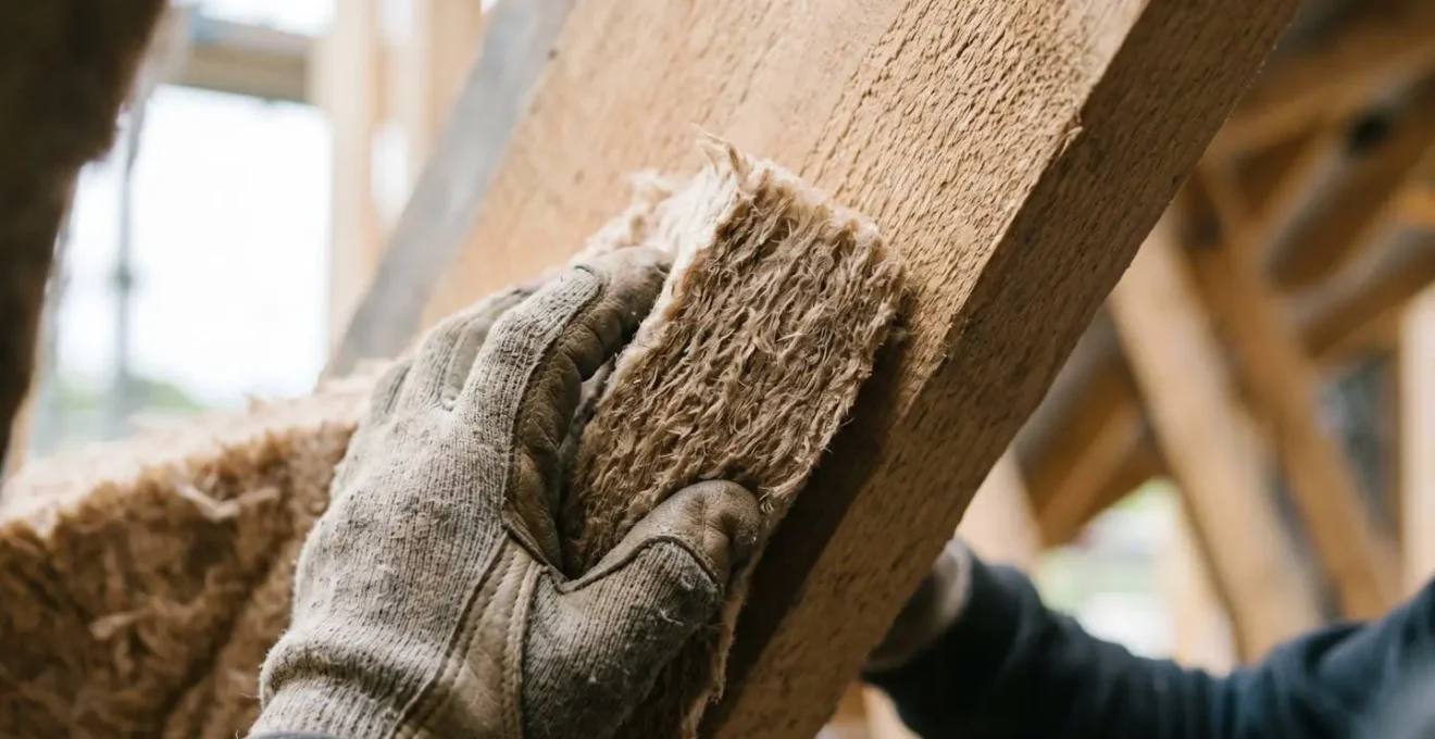 Installation de panneaux semi-rigides de laine de bois entre chevrons d'une toiture