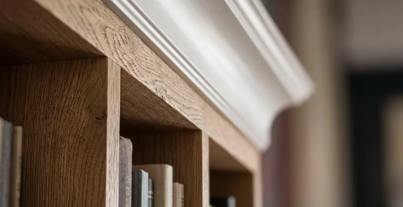 Vue en contre-plongée d'une bibliothèque s'étendant jusqu'au plafond avec jeu de lumière naturelle