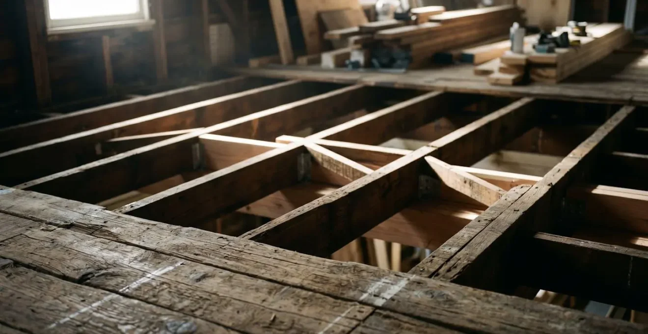 Vue plongeante sur un plancher bois ancien avec solives apparentes et préparation pour nouvelle chape