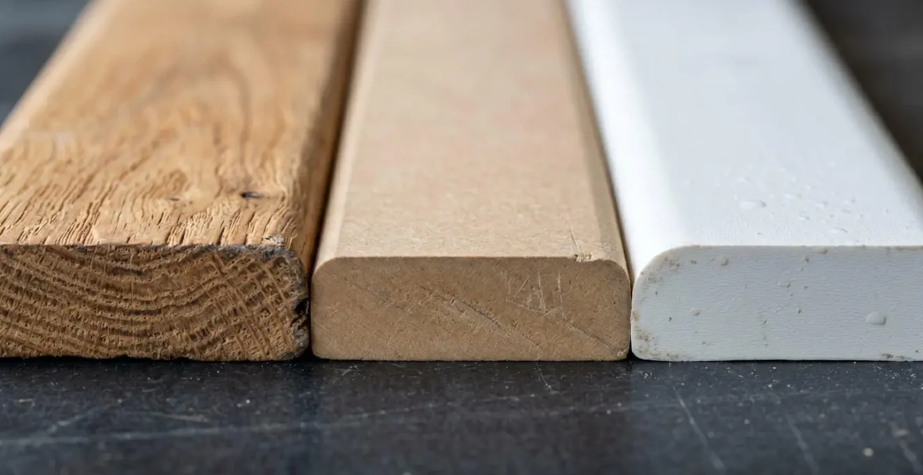 Gros plan sur trois types de plinthes posées côte à côte montrant les différentes textures