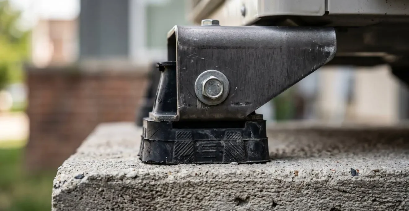 Vue macro d'une unité extérieure de pompe à chaleur sur dalle béton avec supports anti-vibrations
