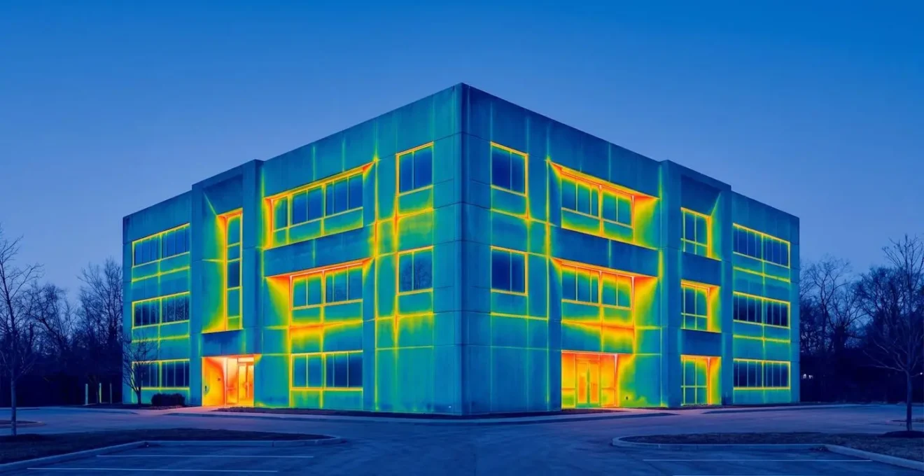 Vue thermographique d'une façade montrant les zones de déperdition énergétique en dégradé de couleurs