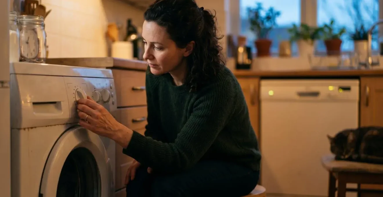 Personne programmant un lave-linge pour qu'il fonctionne la nuit, symbolisant les économies d'énergie en heures creuses.