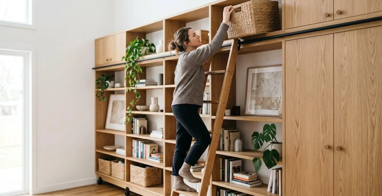 Mur de rangement du sol au plafond avec échelle coulissante dans un petit appartement