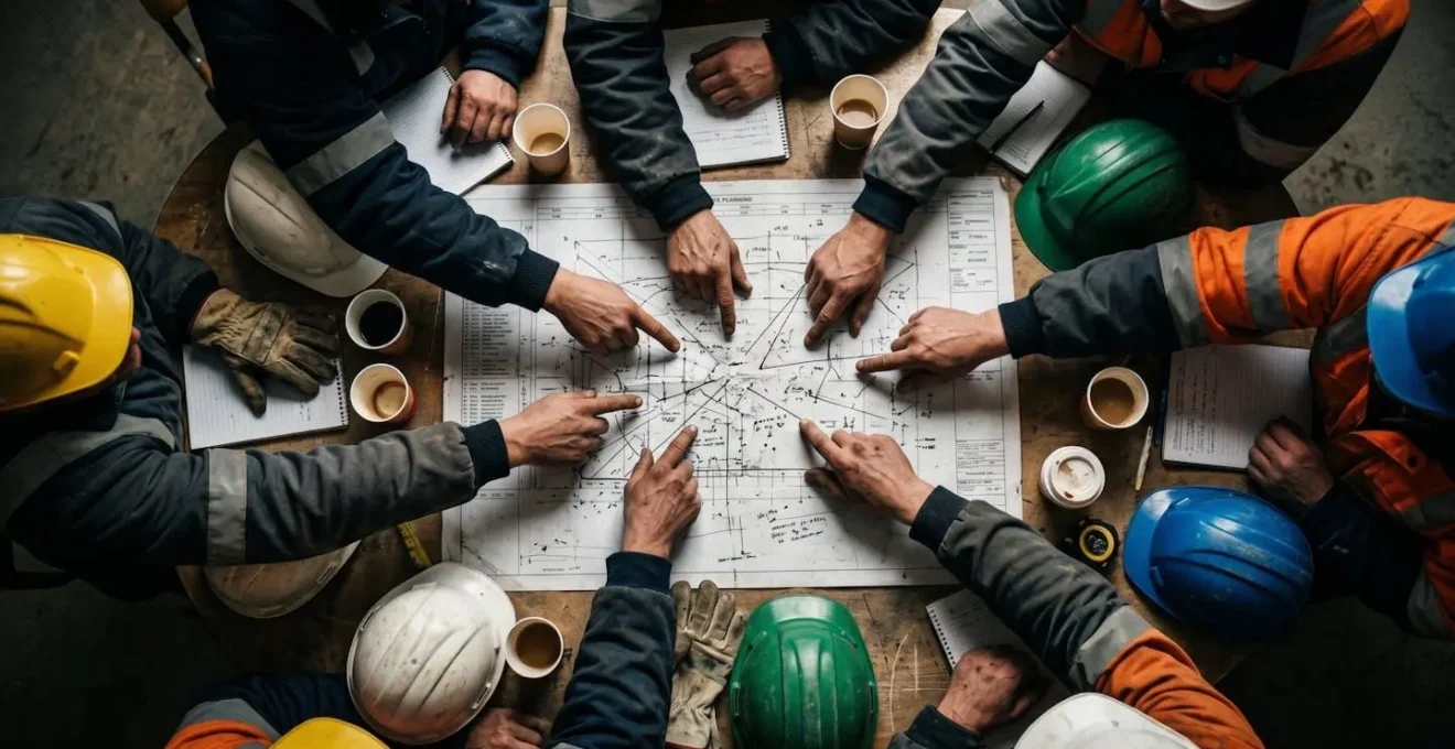 Réunion de coordination sur chantier avec planning mural et différents corps de métier