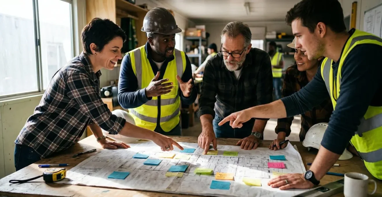 Artisans réunis autour d'un plan de chantier avec post-its colorés lors d'une réunion de coordination