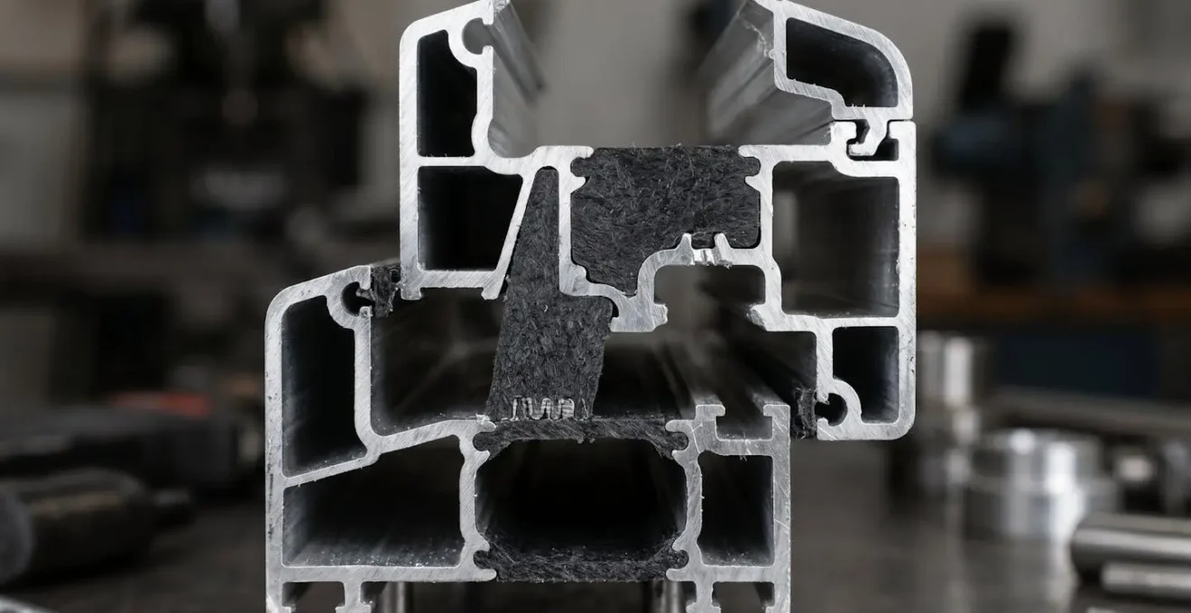 Coupe technique d'un profilé aluminium avec barrettes isolantes en polyamide